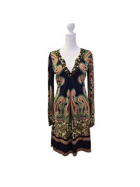 Hale Bob 100% Silk Paisley Print Jewel Embellished Mini Dress Size Small